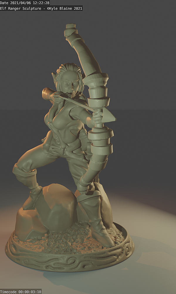 A 3D sculpted figure of a female elf ranger with a bow, posed upon a rocky base. Sculpted in Blender 3D.